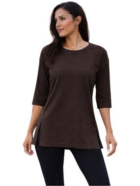 J Jill Luxe Supima Ballet Sleeve Tunic Top Crew Neck XSP Brown Balletcore